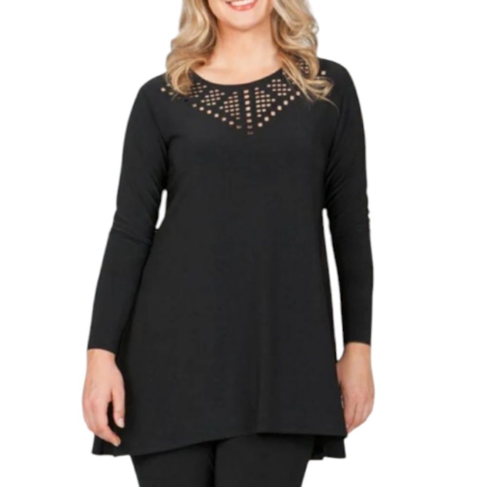 Sympli Deco Tunic Top Black Mosaic Laser Cut Details Women's Size 12 Longline